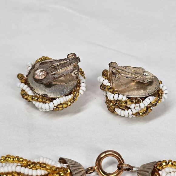Vintage Multi-Strand Gold & White Beaded Necklace Bracelet & Clip-On Earring Set - Picture 6 of 8